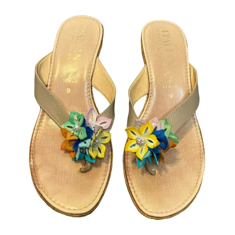Italian Shoemakers Wedge Sandals 6 Beige Thong Cork Floral Casual Boho Beach